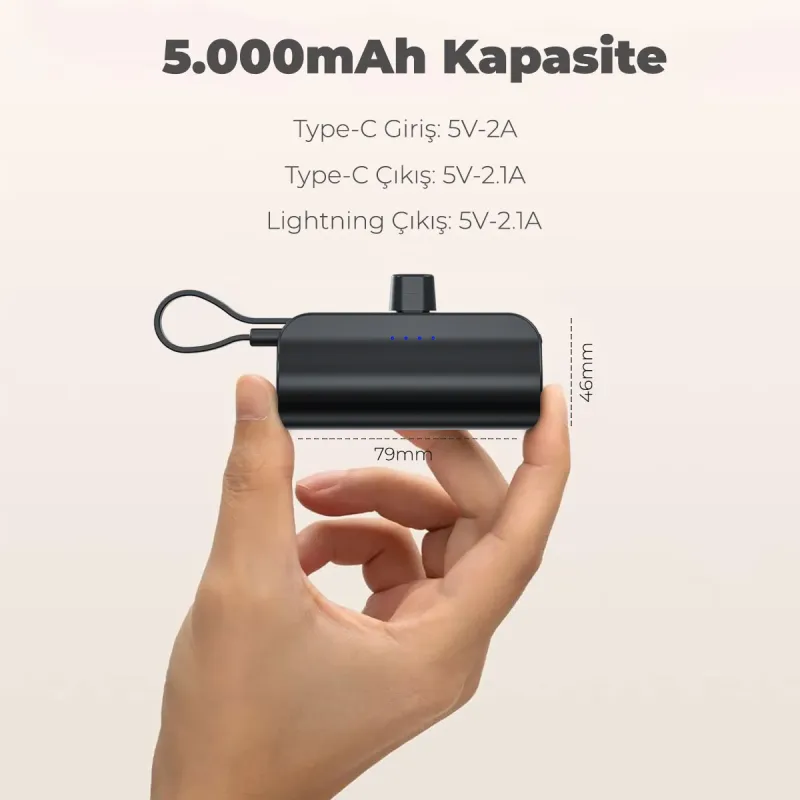 iPhone%20Lightning%20Soketli%20Mini%20Powerbank%205000mAh%20Type-C%20Dahili%20Kablolu%20Taşınabilir%20Şarj%20Cihazı%20Siyah