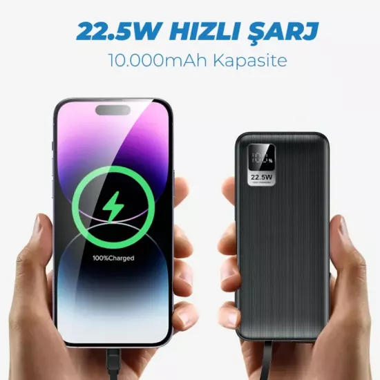 Deji Type-C ve iPhone Kablolu 10000mAh Powerbank 22.5W Hızlı Led Ekranlı Taşınabilir Şarj Cihazı