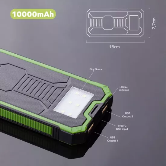 Deji 10000mAh Güneş Enerjili Yeşil Powerbank