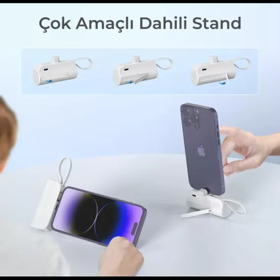 iPhone Lightning Soketli Mini Powerbank 5000mAh Type-C Dahili Kablolu Taşınabilir Şarj Cihazı